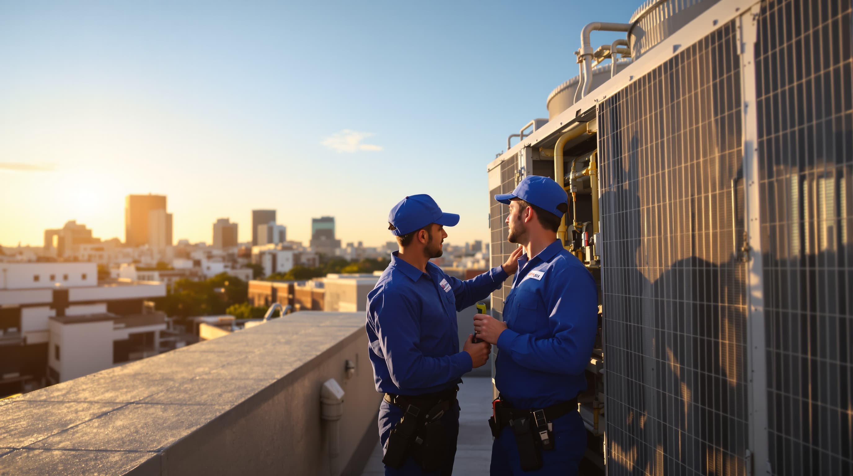 Técnicos HVAC trabajando en equipo de aire acondicionado